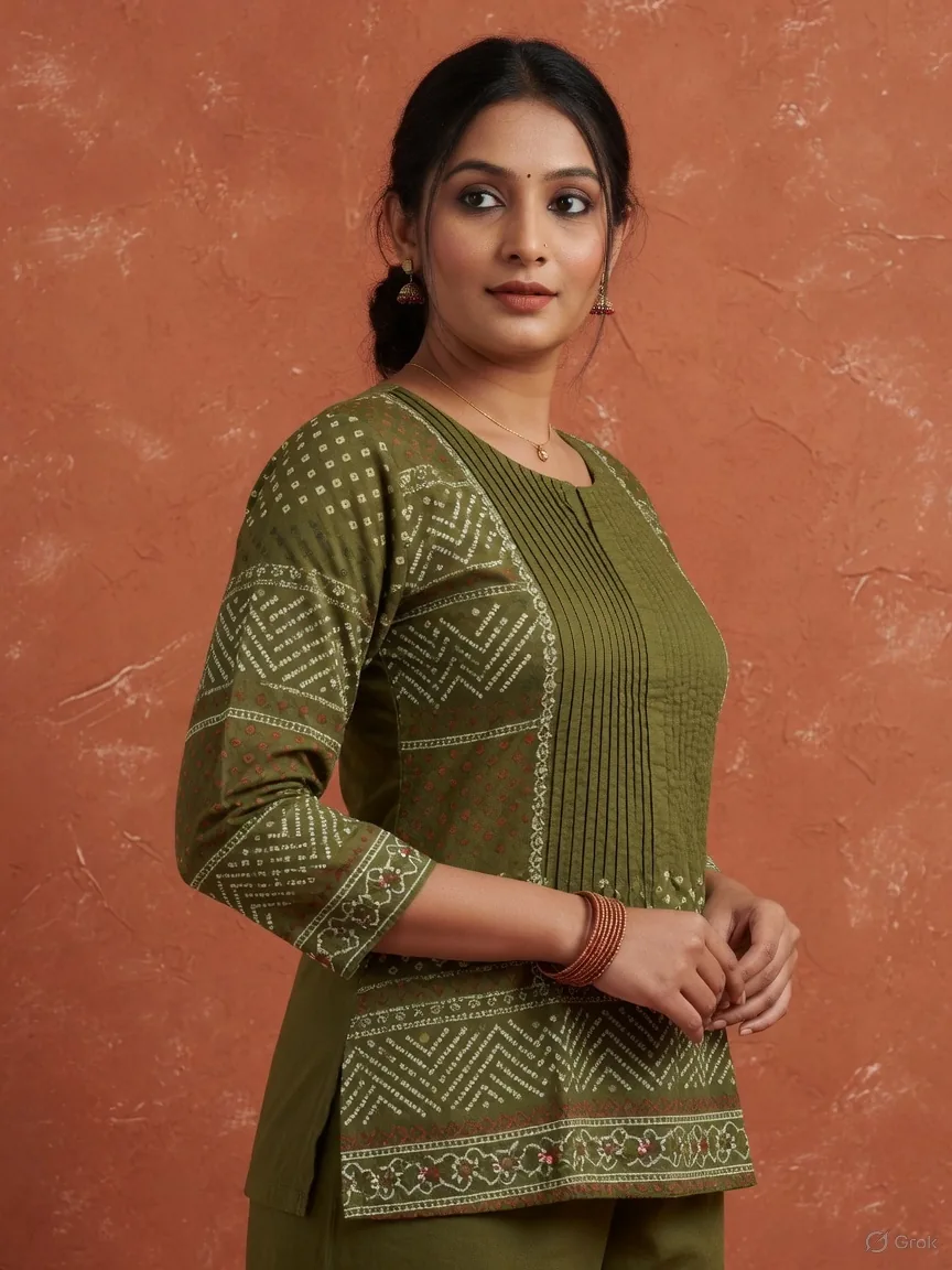 Olive Bandhej Pintuck Tunic